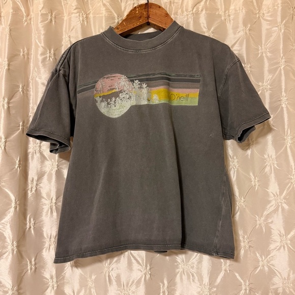 O'Neill Charcoal Gray Sunset Palm Graphic Cropped Tee Shirt Surf Beach - Picture 9 of 9